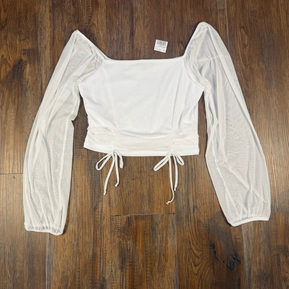 Ambiance white long sleeve cropped top bow ties Juniors LARGE sheer mesh sleeves